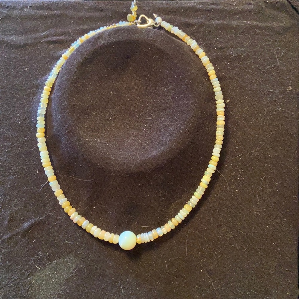 Jelly Opal seed bead necklace with large opal bead center and teardrop finish